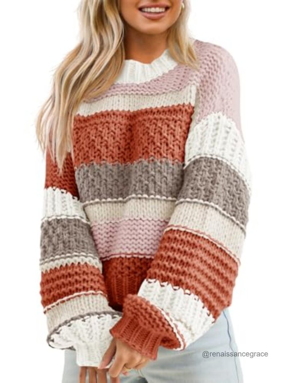Womens Chunky Knit Cropped Striped Sweater Crew Neck Loose Fit